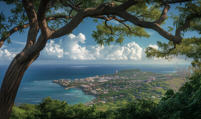 panoramic view of an island getaway vista as seen from the top of a mountain
