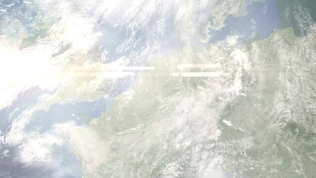 Earth zoom in from space and focus on Geldern, Germany. 3D Animation. Satellite view. Background for travel intro. Images from NASA.