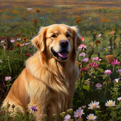 Golden Retriever sitting attentively in a field of blooming flowers, embodying loyalty and companionship.
