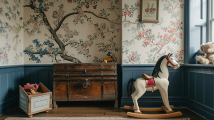 A playful childrens bedroom with vintageinspired wallpaper a retro rocking horse and an antique toy...