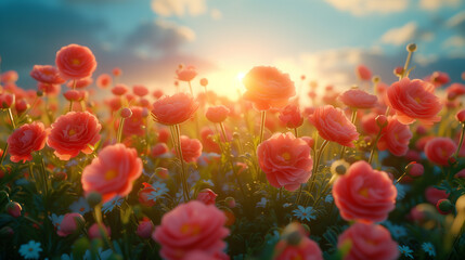 poppy field in the morning Mother day concept, mother day background, Spring Background