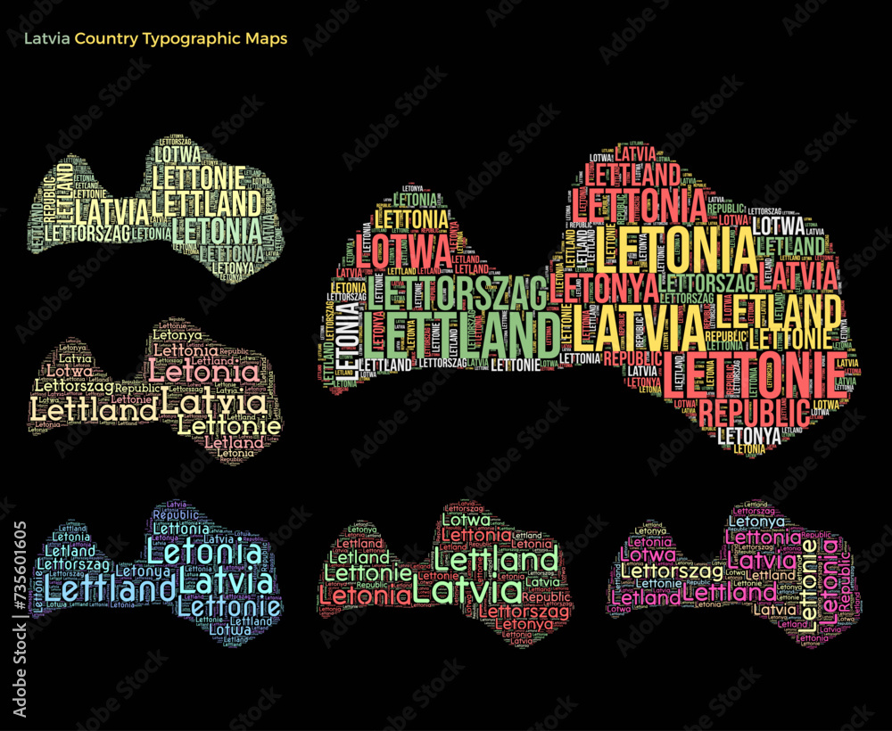 Poster latvia. set of typography style country illustrations. latvia map shape build of horizontal and vert