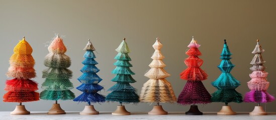 A festive display of vibrant and diverse Christmas trees on a beautifully decorated holiday table