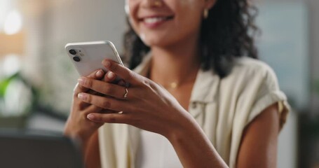 Woman, cellphone and texting with laughing or communication in home with internet connection, social media or funny. Female person, smartphone and humor joke in apartment for holiday, chat or network