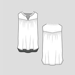 Frill Notch Neck Sleeveless top Neck Gathering ruffles High low dip hem Fashion flat sketch Template