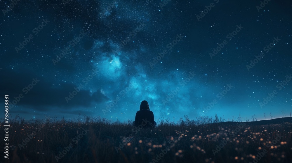 Poster a retiree sits on a blanket in the middle of a dark field surrounded by stars and a vast expanse of 