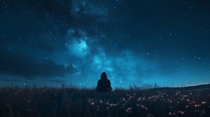 Naklejka premium A retiree sits on a blanket in the middle of a dark field surrounded by stars and a vast expanse of the night sky feeling small but in awe of the universe.