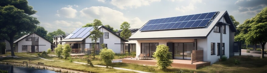 Fototapeta na wymiar housing ideas with solar panels on the roof of the house. with a renewable solar cell system. ecology and green energy, green city, save protection world concept
