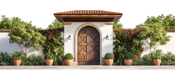Huge villa entrance gate with beautiful, flowers and plants isolated on a transparent background....