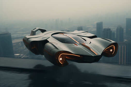 Advertising style concept sci-fi vehicle flying with the city as backdrop - GENERATIVE AI	

