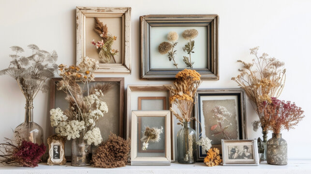 Outdated picture frames have been given new life as chic and eclectic wall art showcasing dried flowers and vintage photos.