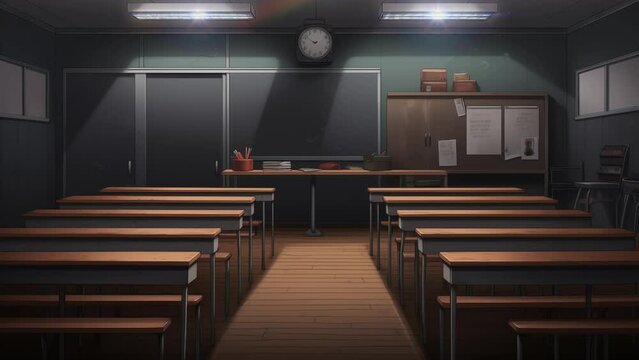 Animated illustration of a blackboard in a classroom with an educational theme. Digital painting or cartoon anime style, animated background. 4k loop background.