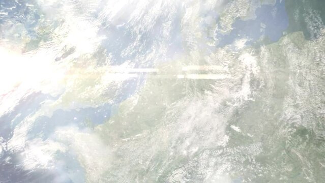 Earth zoom in from space and focus on Goch, Germany. 3D Animation. Satellite view. Background for travel intro. Images from NASA.