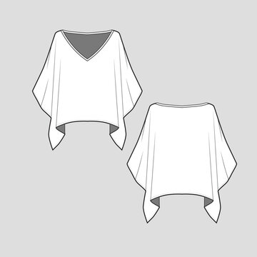recommend clip art: Kimono top asymmetric hem loose fit top V Neck ruffles blouse Fashion flat sketch Template technical Drawing Vector Design