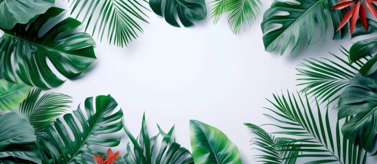 Fototapeta na wymiar Beautiful tropical green leaves background with copy space for text and design, nature concept for wallpaper, banner, poster, or card