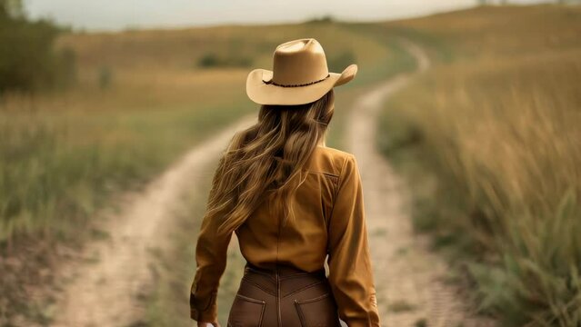 Beautiful young woman in cowboy hat walking on rural road in wheat field