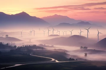 Zelfklevend Fotobehang A landscape with wind turbines in the fog and the sky at sunset. © candra