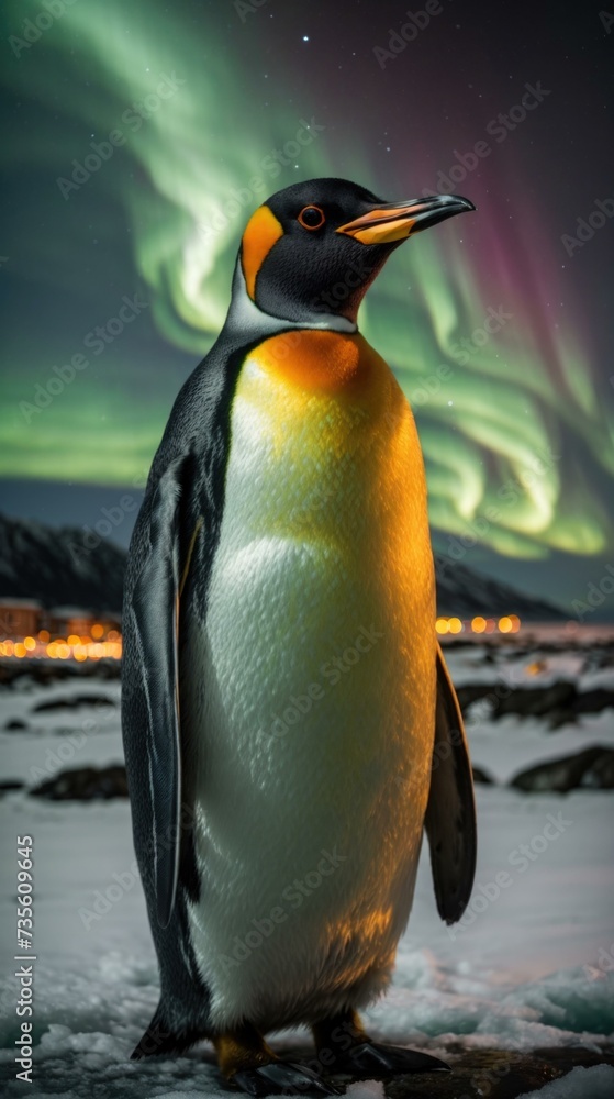 Poster a penguin stands in front of a green aurora. generative ai.