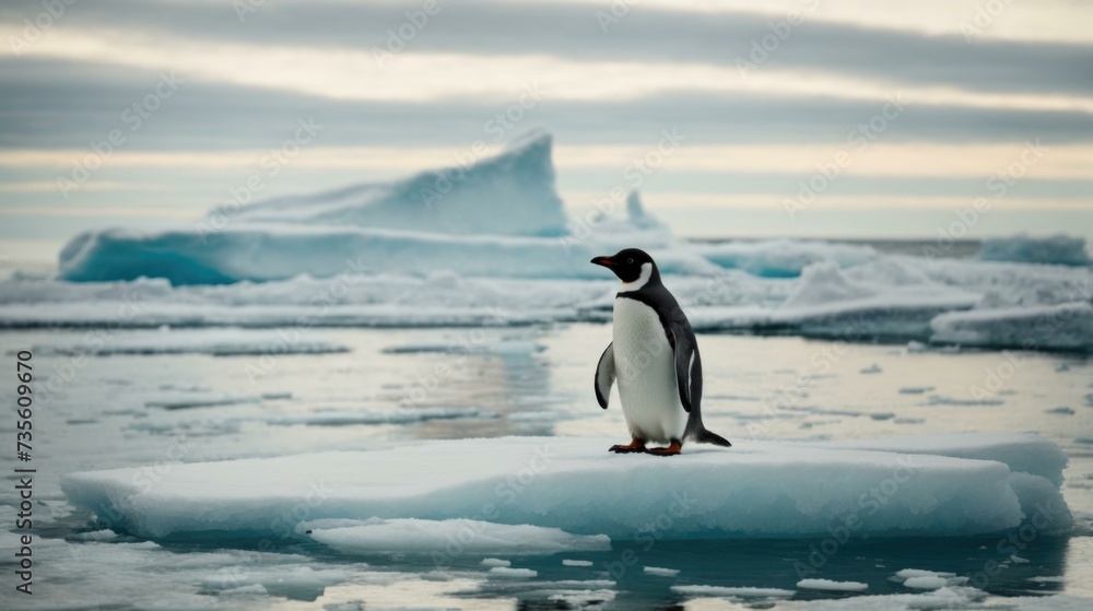 Poster a penguin standing on an ice floe in the ocean. generative ai.