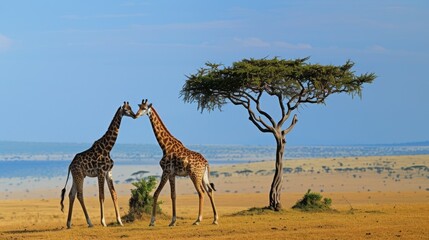 Elegant Giraffes Strolling Through African Savannah AI Generated.