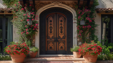 A stunning front door in a Mediterranean villa featuring handcarved wooden panels and intricate ironwork.