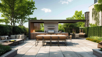 A modern and sleek outdoor kitchen and dining space featuring a builtin gas grill spacious bar and comfortable seating for al fresco meals and casual gatherings. - obrazy, fototapety, plakaty