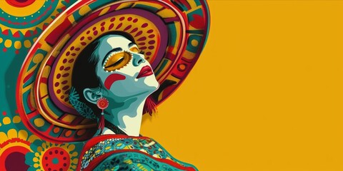 Obraz premium Mexican woman in colorful traditional national costume. Hispanic heritage month, mexican festival background