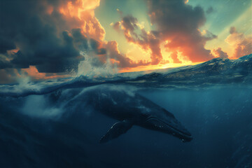 sunset over the sea with whale under water