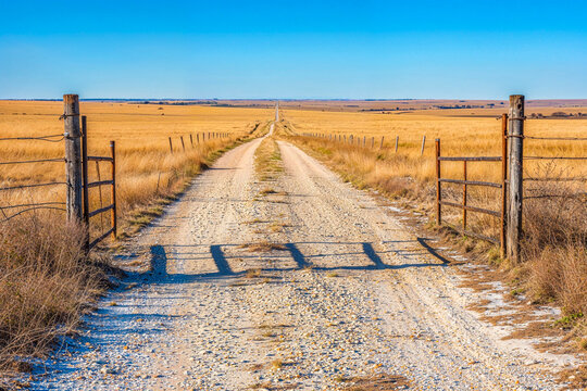 Rural farm fence metal gate opening onto dirt road through empty golden field, vanishing point horizon in distance, landscape, background