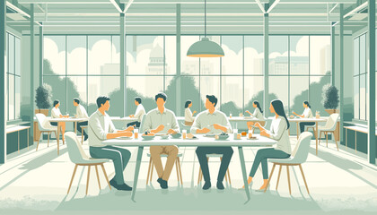 Concept of a lunch meeting in an office cafeteria.  Vector illustration.