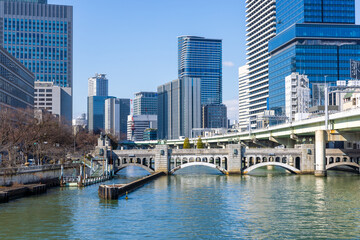 堂島川沿いの風景・ビル群　大阪市北区にて