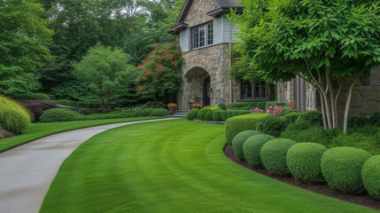 Lush green gr and neatly trimmed edges create a clean and inviting front lawn that is sure to catch the eye.