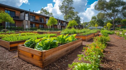 A serene retirement retreat with a community garden filled with raised beds providing a sense of purpose and connection for seniors as they cultivate their own little slice