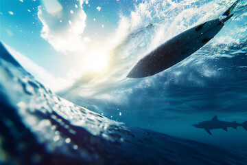 Obraz premium surfing in the ocean with the shark under water