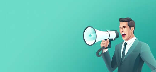 Business man holding loudspeaker calling for attention vector cartoon illustration. Young girl with megaphone in her hand with text template for important information, advertising, sales design concep