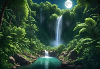 Waterfall surrounding lush greenery under the moon  - obrazy, fototapety, plakaty
