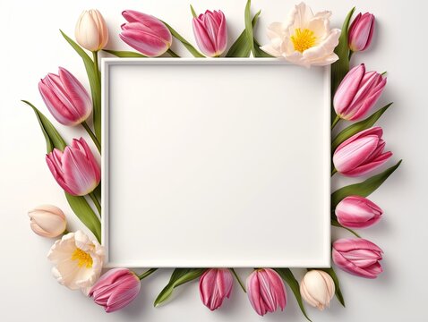 Frame blank colourful tulip assorted flowers on white background. Valentine's day-mother's day. greeting card. presentation. advertisement. copy text space.