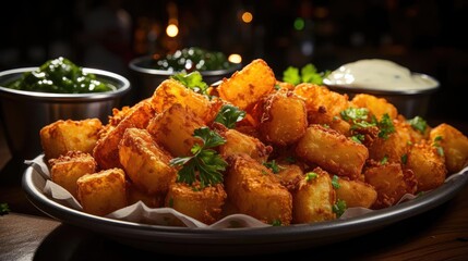 Crispy tater tots with savory salty spices with black and blur background