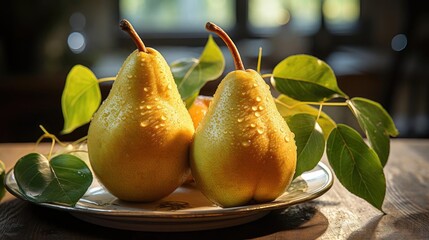 delicious fresh pears fruits with black and blur background