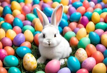 Fototapeta na wymiar Little bunny surrounded by vibrant Easter eggs 