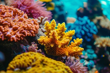 Naklejka na ściany i meble closeup of great barrier reef colorful corals. Generative AI