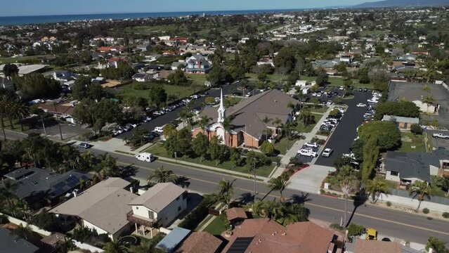 Aerial Video of LDS Mormon Church Building, Oceanside, California. The Church of Jesus Christ of Latter-day Saints, LDS, Mormon Church. International Christian religion