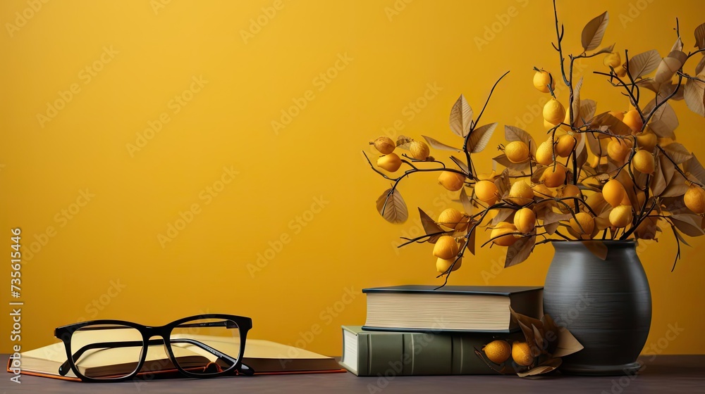 Wall mural happy graduation background with pile of books and glasses on yellow background - Wall murals