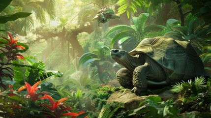 Wise Old Tortoise in Lush Tropical Rainforest AI Generated - obrazy, fototapety, plakaty
