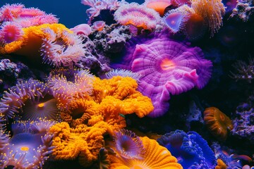 Fototapeta na wymiar closeup of great barrier reef colorful corals. Generative AI