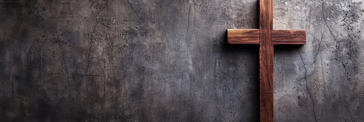 Wooden cross on gray concrete background.