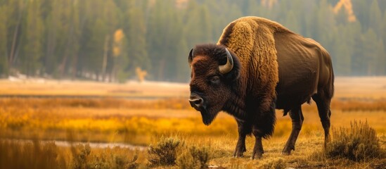 A majestic bison stands in a grassy field with trees in the background, showcasing the beauty of nature and the natural landscape.