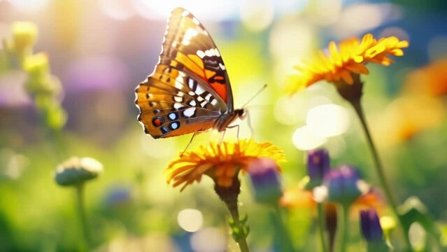 Macro shot of a colorful erfly sipping nectar from a wildflower, signifying a healthy ecosystem on a sustainable farm.