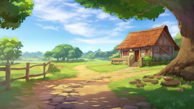 Animated illustration of a rural scene with traditional house buildings. Digital painting or cartoon anime style, animated background. 4k loop background.