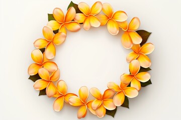 Round frame cosmos yellow Frangipani Plumeria flowers on white background. Valentine's day-mother's day. greeting card. presentation. advertisement. copy text space.